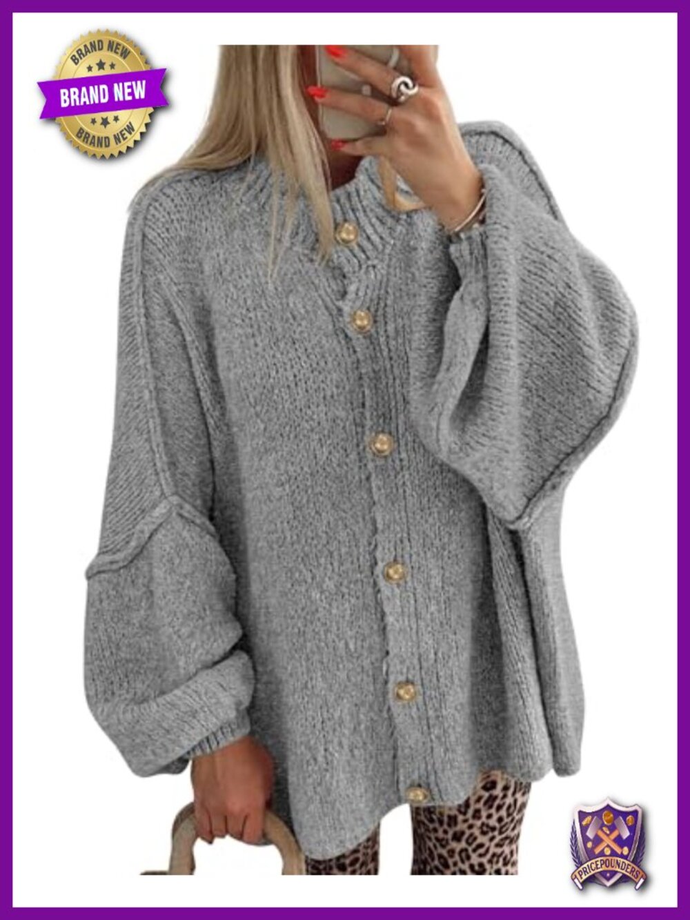 Oversized Button Down Cardigan Lantern Sleeve Knit Sweater